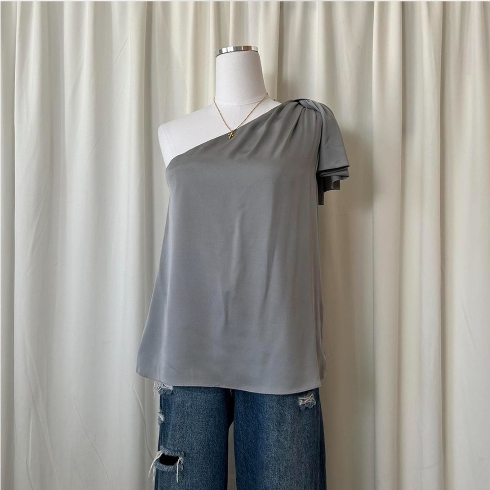 Milly Cindy One-Shoulder Stretch Silk Top in gray size Large. - Picture 7 of 14